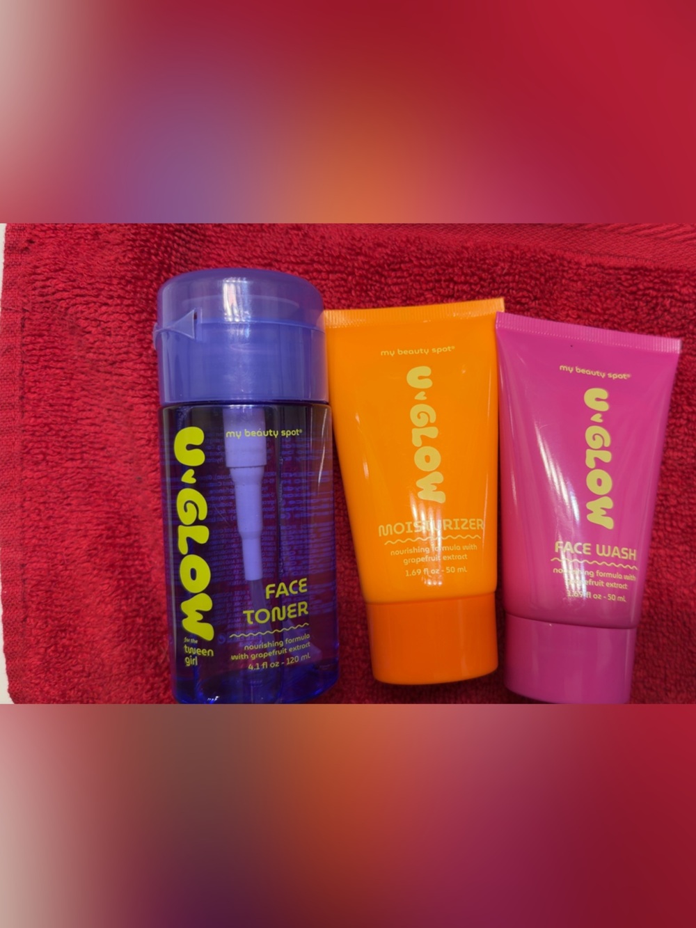 V-GLOW Tween Blue Toner, Orange Moisturizer, Pink Face Wash.